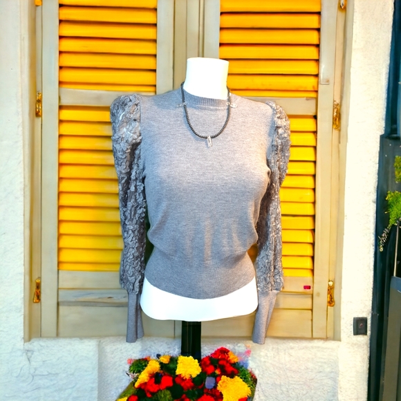 Fitted puff arm knit jumper with embellished mesh sleeves, UK size 10 12, AS NEW - Picture 9 of 12